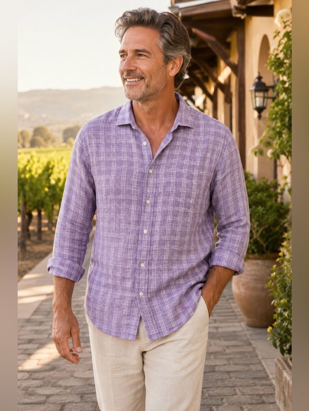 Tommy Bahama 100% Linen Purple Plaid Button Front Long Sleeve Shirt Men’s M